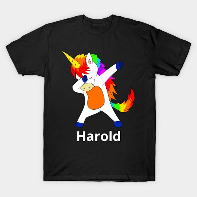 Harold First Name Personalized Dabbing Unicorn T-Shirt by chuhe86